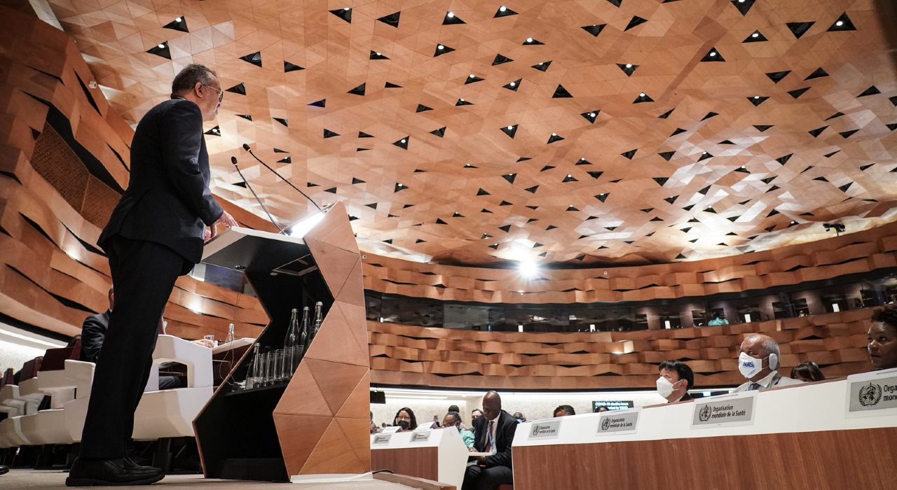 WHO Director-General at the podium during his opening remarks at the Seventy-fifth World Health Assembly at the Palais de Nations in Geneva.