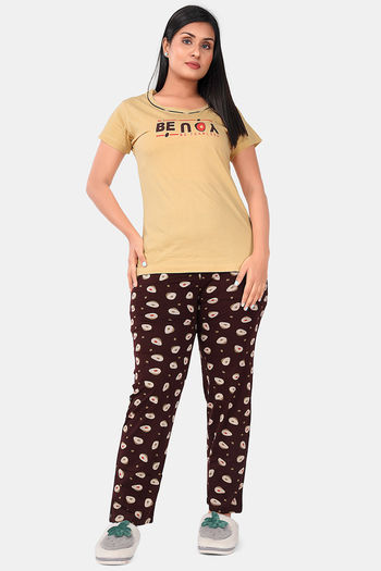 Buy Sweet Moon Knit Cotton Pyjama Set - Nude Yellow And Brown Combination