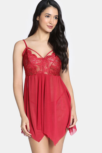 Buy Zivame Lace N Mesh Babydoll With Thong - Red