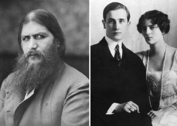 Photo of Rasputin on the left, and Felix Yusupov and Irina on the right.