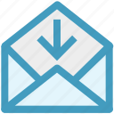 arrow, down, email, envelope, open, outbox