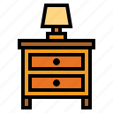 bedside, drawer, furniture, lamp, table