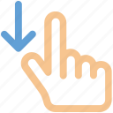 arrow, down, drag, finger, gesture, hand icon