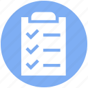 checkmark, clipboard, document, list, page, paper, task