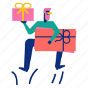 gift, happy, jump, man, shopping