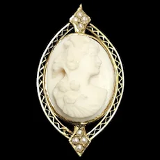 Antique Edwardian Seed Pearl Angel Skin Coral Female Portrait Cameo Pendant Brooch