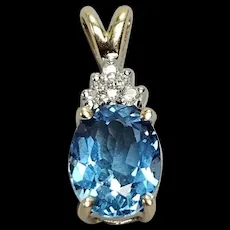 Estate 14K Oval 2 Carat Blue Topaz Diamond Petite Pendant