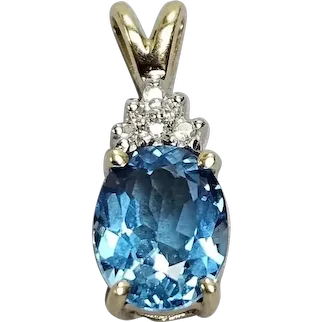 Estate 14K Oval 2 Carat Blue Topaz Diamond Petite Pendant