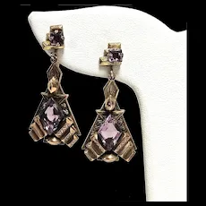 Antique Transitional Period Faceted Amethyst Glass Stone Drop Earrings