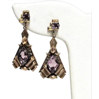 Antique Transitional Period Faceted Amethyst Glass Stone Drop Earrings