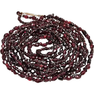 Antique Hand Cut Faceted Garnet Bead Long Rope Length Double Strand Necklace