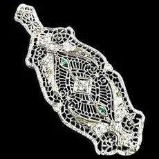 Antique Art Deco 14K White Gold Filigree Diamond Convertible Pendant Brooch