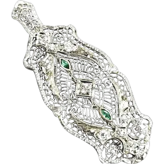 Antique Art Deco 14K White Gold Filigree Diamond Convertible Pendant Brooch