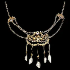 Antique Art Nouveau River Pearls & Lavender Paste Stones Gold Filled Festoon Necklace.