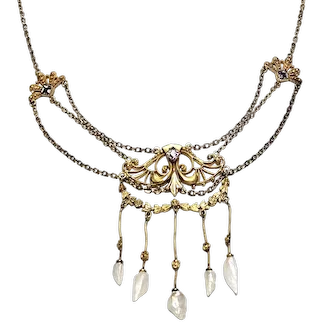 Antique Art Nouveau River Pearls & Lavender Paste Stones Gold Filled Festoon Necklace.