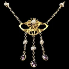 Antique Art Nouveau River Pearls & Lavender Paste Stones Gold Filled Lavalier Necklace.