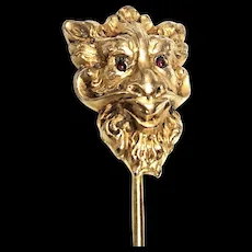 Antique Stylized Lion Red Glass Eyes Stick Pin