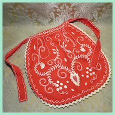 Whimsical Antique Embroidered Red Apron for Larger Doll