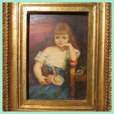 Charming Antique Portrait of a Girl With Her Doll - Oil on Wood Panel - Gold Frame