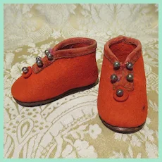 Unique Antique Cobbler-made Red Wool Doll Shoes