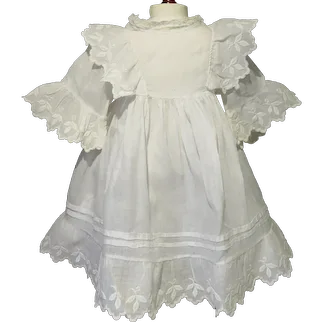 Pretty White Embroidered Antique Dress and Petticoat for Child Doll