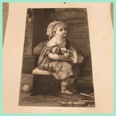 Beautiful French Engraving "La Petite Mere" - Little Girl With Her Doll - Antique