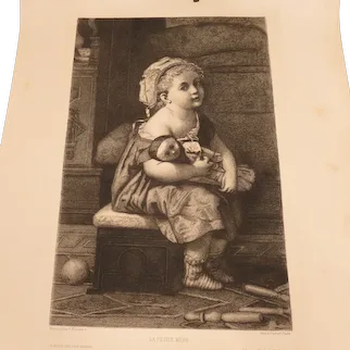 Beautiful French Engraving "La Petite Mere" - Little Girl With Her Doll - Antique