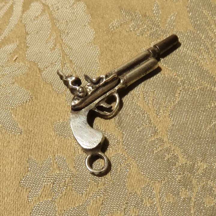 Miniature Antique Silver Flintlock Pistol / Gun - Doll Size