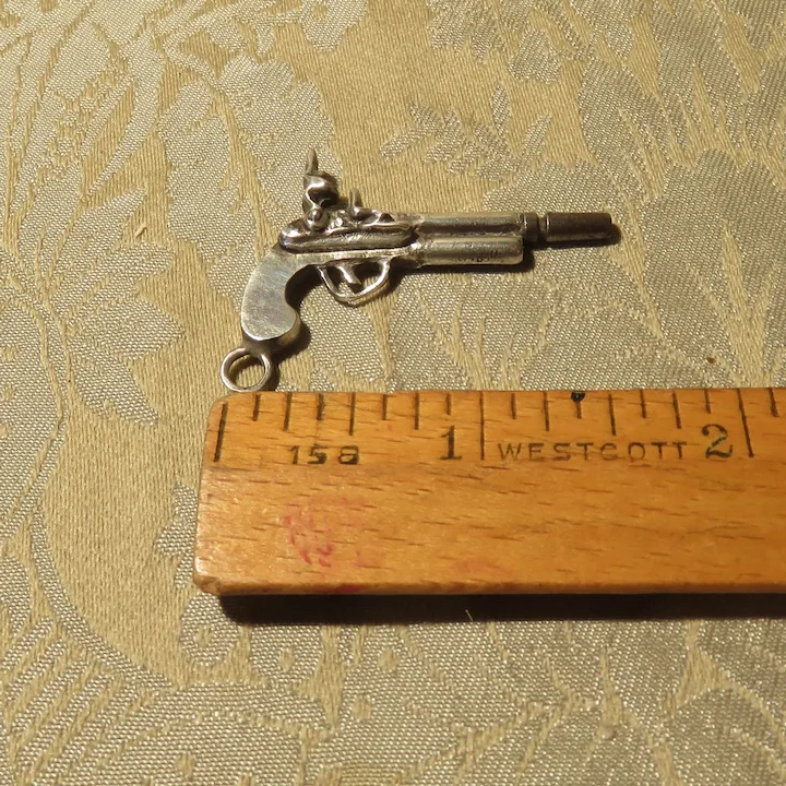 Miniature Antique Silver Flintlock Pistol / Gun - Doll Size