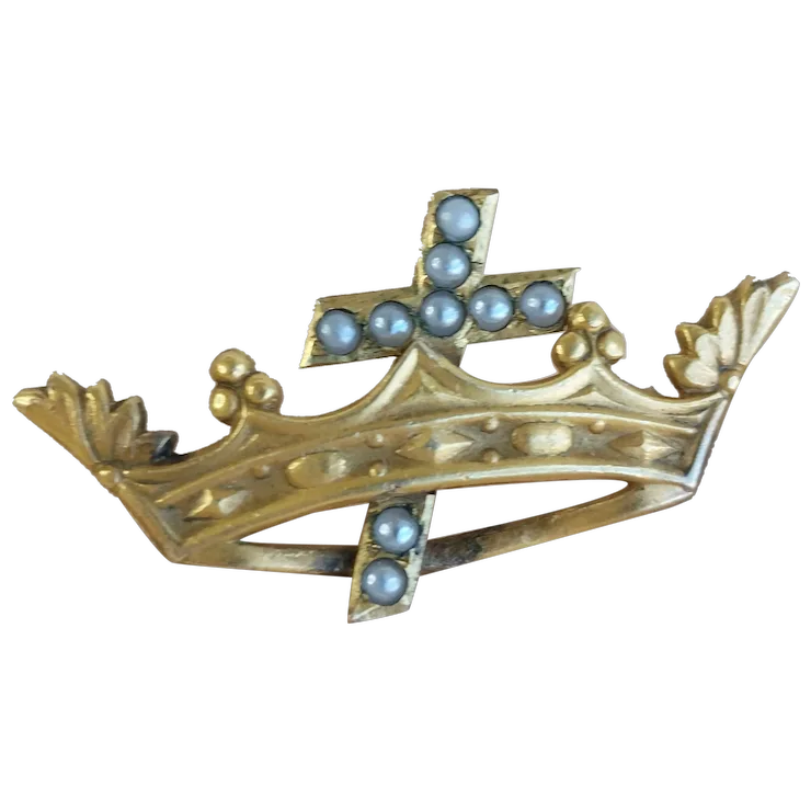 Antique 19th Century Victorian Petite Crown And Cross With Seed Pearls Gold Filled Brooch, Pin