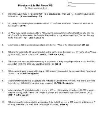 Physics – 4.3a Net Force WS