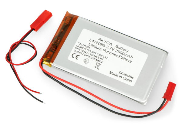 Akyga 2500 mAh 1S 3,7 V Li-Pol-Akku - JST-BEC-Stecker + Buchse - 85 x 50 x 4,7 mm