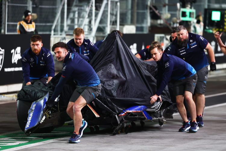 The car of Franco Colapinto of Argentina and Williams is returned to the pitlane after a crash during qualifying ahead of the F1 Grand Prix of Las ...