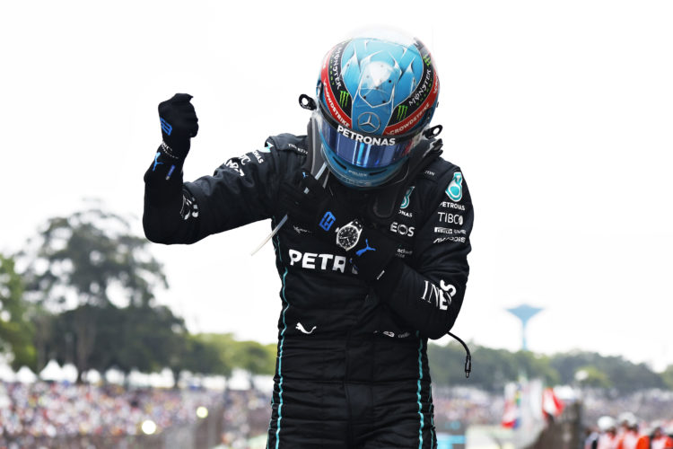 Race winner George Russell of Great Britain and Mercedes celebrates in parc ferme during the F1 Grand Prix of Brazil at Autodromo Jose Carlos Pace ...