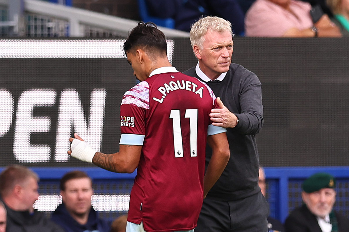 Lucas Paqueta of West Ham United and David Moyes the head coach / manager of West Ham United during the Premier League match between Everton FC and...