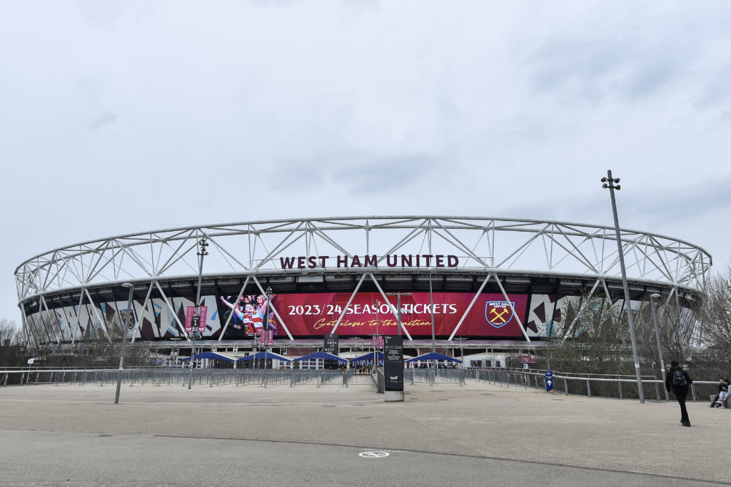 A general view outside the London Stadium ahead of the Premier League match between West Ham United and Newcastle United at London Stadium on April...