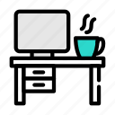 computer, tea, office, table, desk