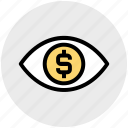 business, businessman eye, coin, dollar, dollar sign, money, view