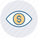 business, businessman eye, coin, dollar, dollar sign, money, view