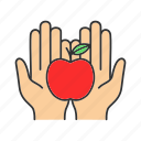 apple, charity, donate, donation, food, fruit, hands