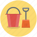 bucket, shovel, beach, construction, dig, gardening, tools