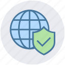 globe, internet, protection, security, shield, tick, world