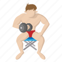 athlete, cartoon, dumbbell, healthy, muscle, sitting, strong