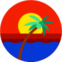 beach, circle, coconut tree, flat icon, landscape, sunrise, sunset