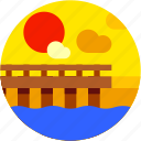 beach, circle, dock, flat icon, landscape, sunrise, sunset