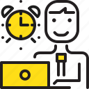 alarm, clock, computer, man, time, worker, yellow