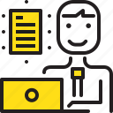 computer, document, man, paper, worker, yellow