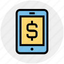 banking app, cell phone, dollar, mobile, mobile banking, money, sign