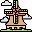 windmill, barn, rural, farm, field