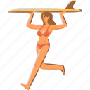 surfing, surfboard, carry, girl, run